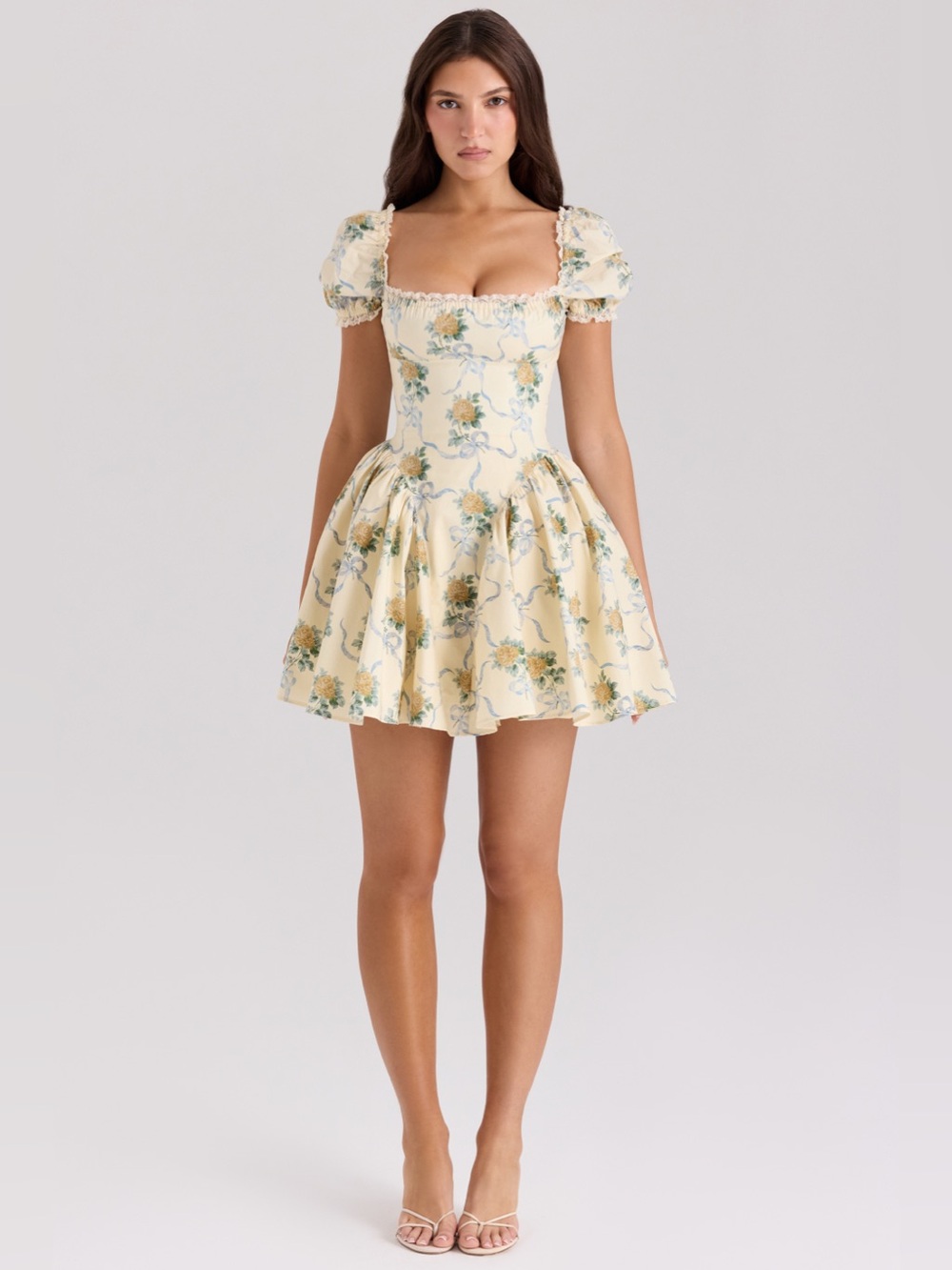 House of CB Rosie square neck lemon rose print cotton lace trim mini dress XS